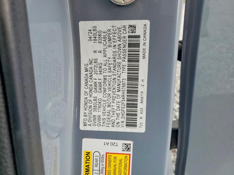 Продажа на аукционе авто 2024 Honda Civic, vin: 2HGFE2F54RH576873, номер лота: 41865726