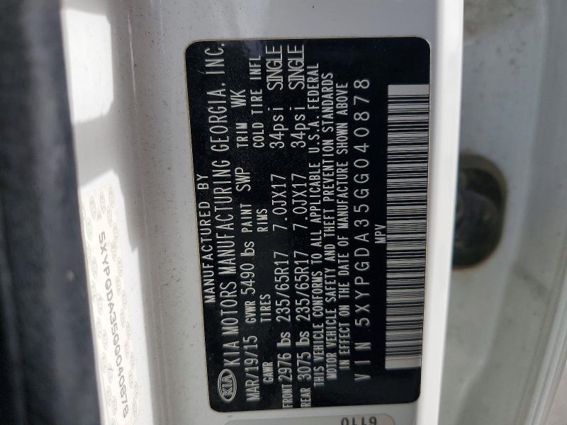 47378686 :رقم المزاد ، 5XYPGDA35GG040878 vin ، 2016 Kia Sorento مزاد بيع