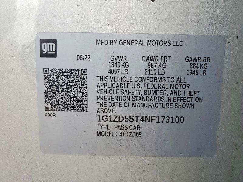 Aukcja sprzedaży 2022 Chevrolet Malibu, vin: 1G1ZD5ST4NF173100, numer aukcji: 46169716