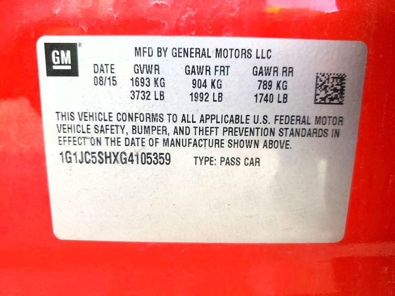 2016 Chevrolet Sonic მანქანა იყიდება აუქციონზე, vin: 1G1JC5SHXG4105359, აუქციონის ნომერი: 47390826