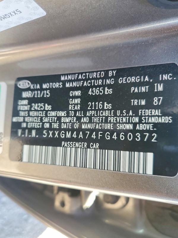 2015 Kia Optima მანქანა იყიდება აუქციონზე, vin: 5XXGM4A74FG460372, აუქციონის ნომერი: 46144886