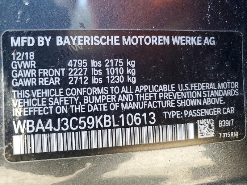 47236626 :رقم المزاد ، WBA4J3C59KBL10613 vin ، 2019 Bmw 430xi مزاد بيع