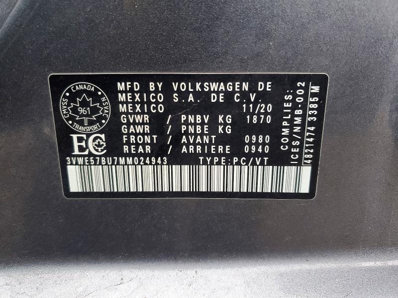 Aukcja sprzedaży 2021 Volkswagen Jetta, vin: 3VWE57BU7MM024943, numer aukcji: 47991096