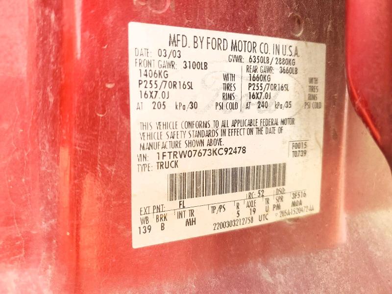 2003 Ford F150 მანქანა იყიდება აუქციონზე, vin: 1FTRW07673KC92478, აუქციონის ნომერი: 48044856