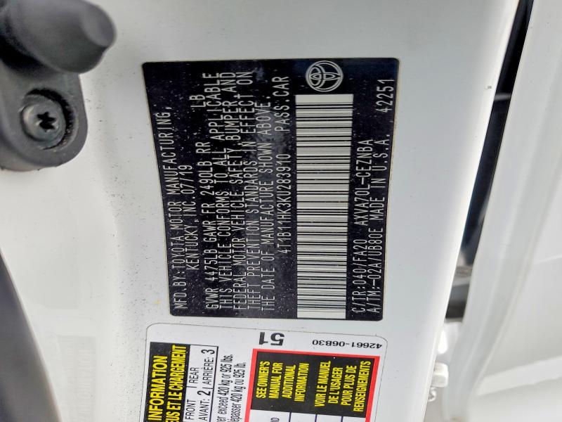 2019 Toyota Camry მანქანა იყიდება აუქციონზე, vin: 4T1B11HK3KU283910, აუქციონის ნომერი: 41702426
