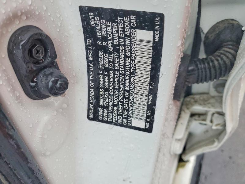 2019 Honda Civic მანქანა იყიდება აუქციონზე, vin: SHHFK7H92KU423651, აუქციონის ნომერი: 45687626
