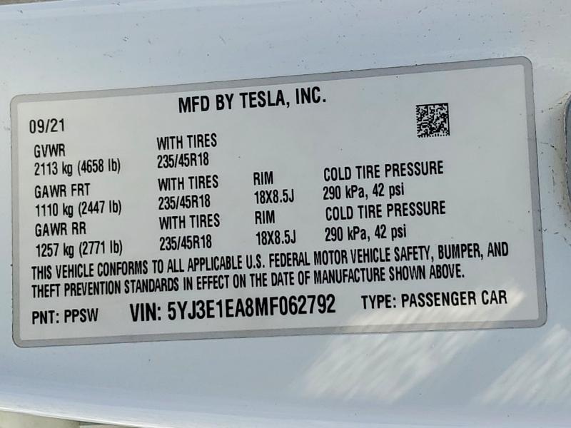 Aukcja sprzedaży 2021 Tesla Model 3, vin: 5YJ3E1EA8MF062792, numer aukcji: 46210706