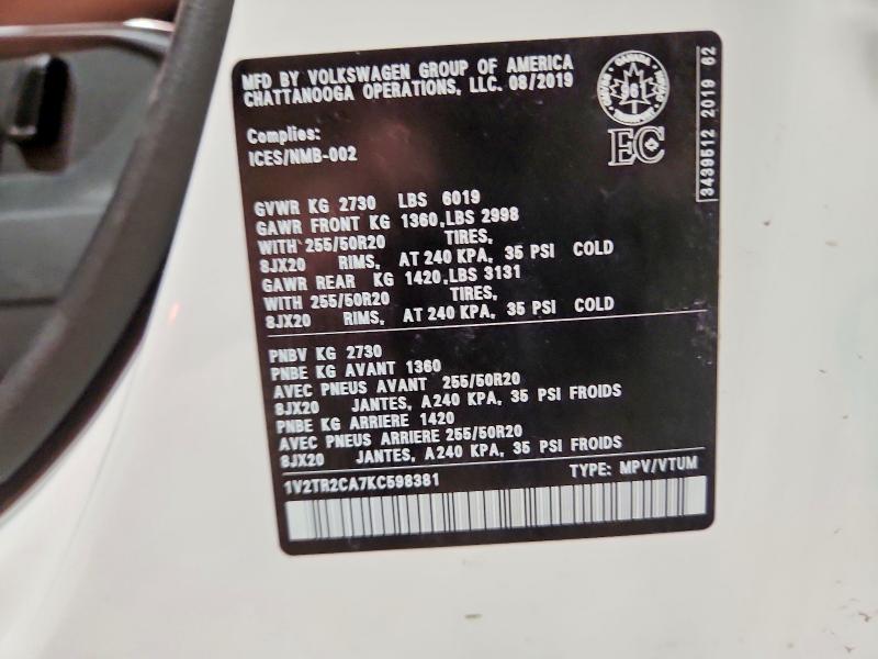 Aukcja sprzedaży 2019 Volkswagen Atlas, vin: 1V2TR2CA7KC598381, numer aukcji: 47400836