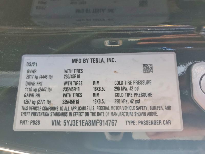 Продажа на аукционе авто 2021 Tesla Model 3, vin: 5YJ3E1EA8MF914767, номер лота: 46186356
