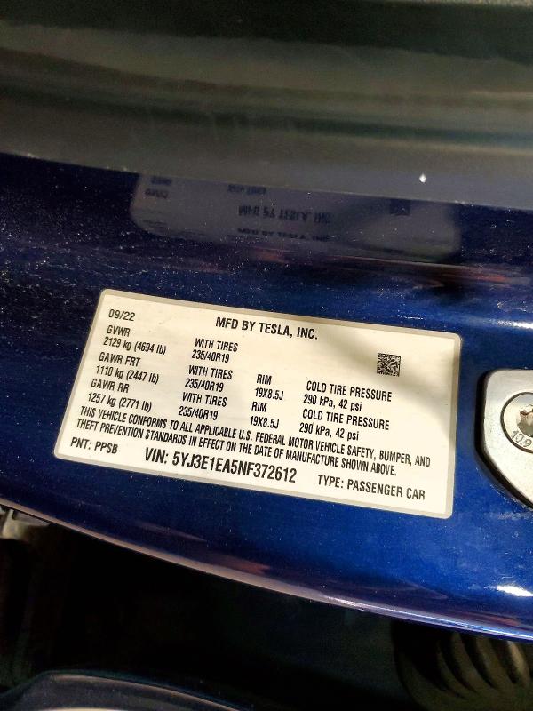 47259166 :رقم المزاد ، 5YJ3E1EA5NF372612 vin ، 2022 Tesla Model 3 مزاد بيع