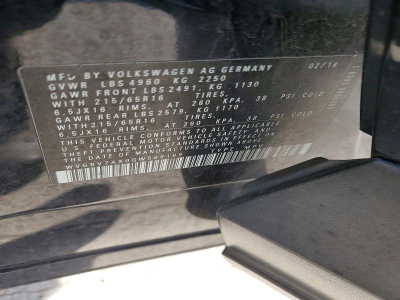 46217966 :رقم المزاد ، WVGBV7AX0GW588189 vin ، 2016 Volkswagen Tiguan مزاد بيع
