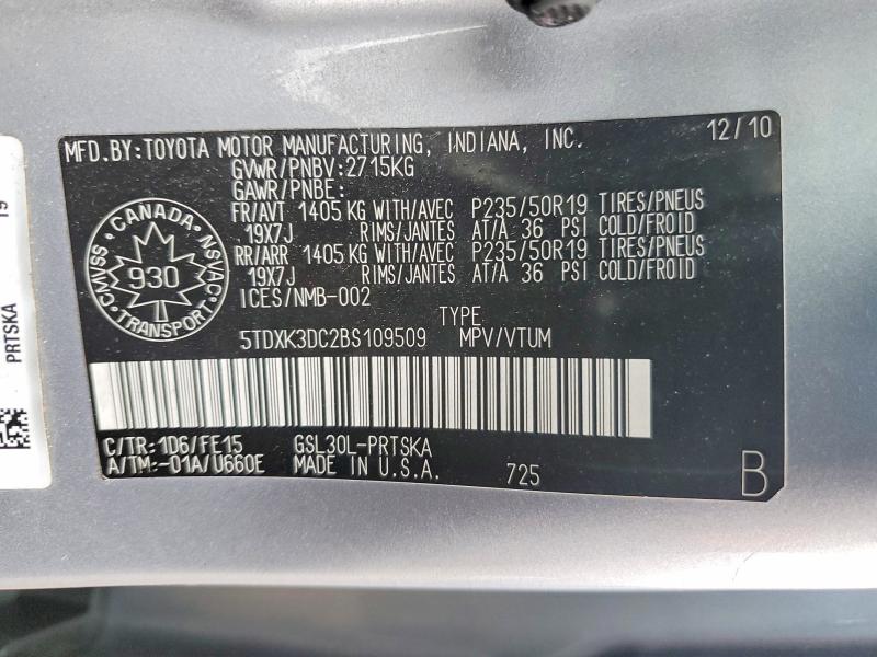79784385 :رقم المزاد ، 5TDXK3DC2BS109509 vin ، 2011 Toyota Sienna مزاد بيع