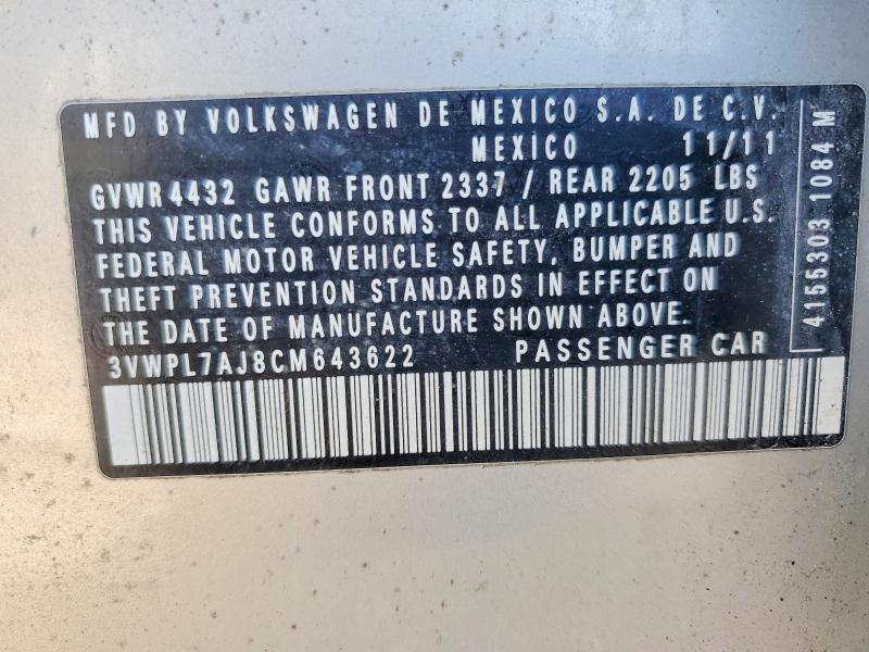41950716 :رقم المزاد ، 3VWPL7AJ8CM643622 vin ، 2012 Volkswagen Jetta مزاد بيع
