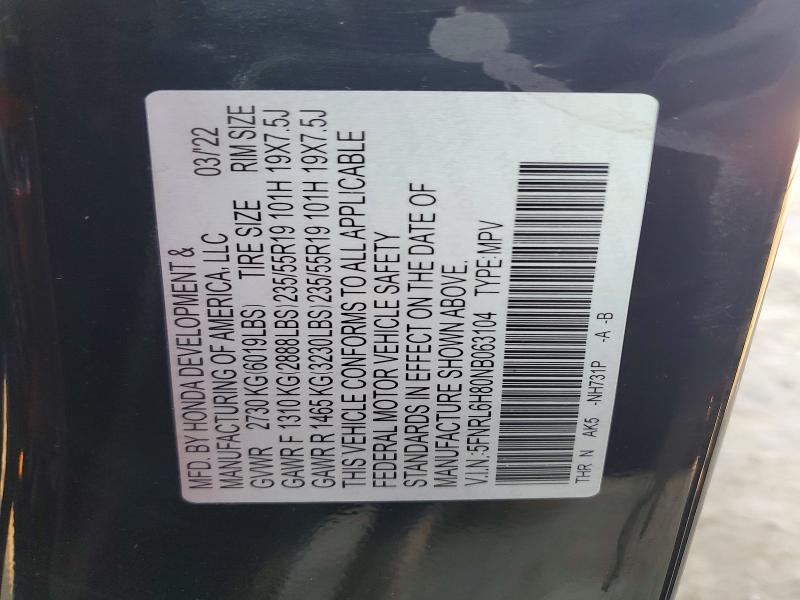 Aukcja sprzedaży 2022 Honda Odyssey, vin: 5FNRL6H80NB063104, numer aukcji: 45451926