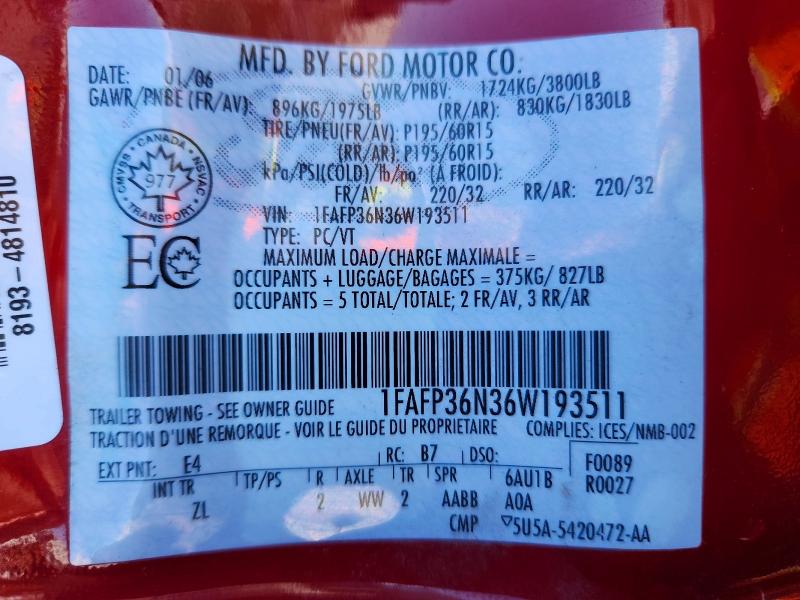 2006 Ford Focus მანქანა იყიდება აუქციონზე, vin: 1FAFP36N36W193511, აუქციონის ნომერი: 41995506