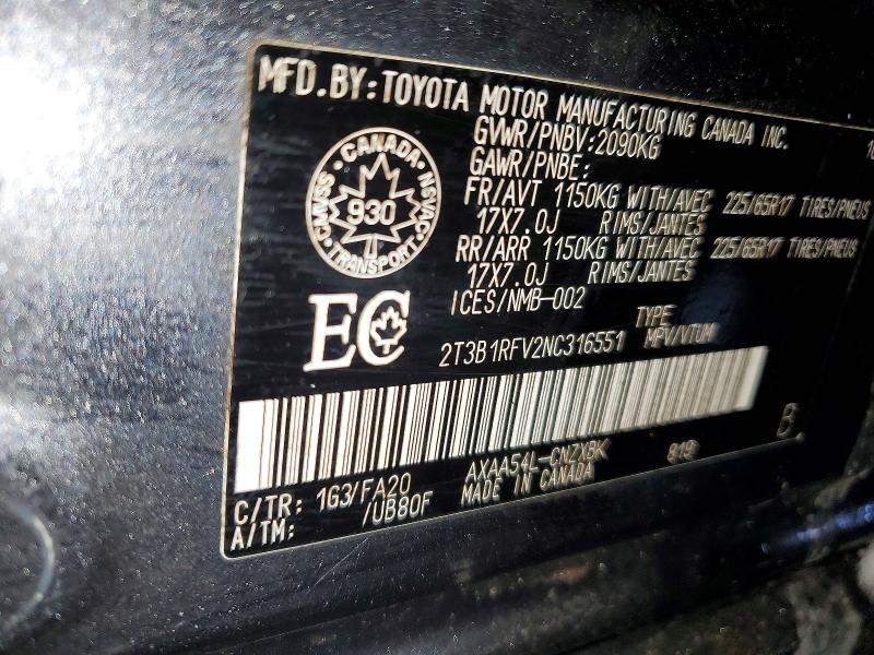 Продажа на аукционе авто 2022 Toyota Rav4, vin: 2T3B1RFV2NC316551, номер лота: 78101265