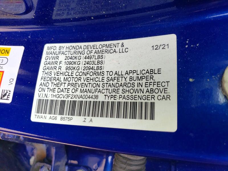 Продаж на аукціоні авто 2022 Honda Accord, vin: 1HGCV3F2XNA004438, номер лоту: 41599016
