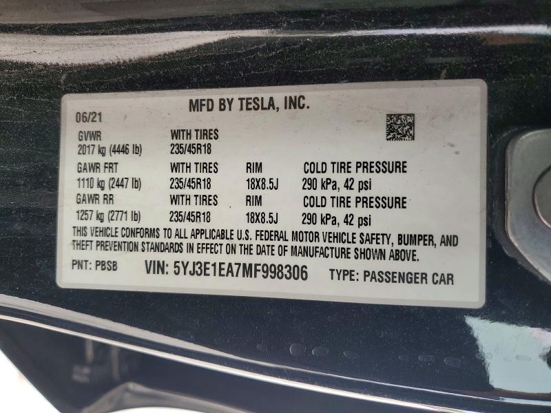 Продажа на аукционе авто 2021 Tesla Model 3, vin: 5YJ3E1EA7MF998306, номер лота: 46384056