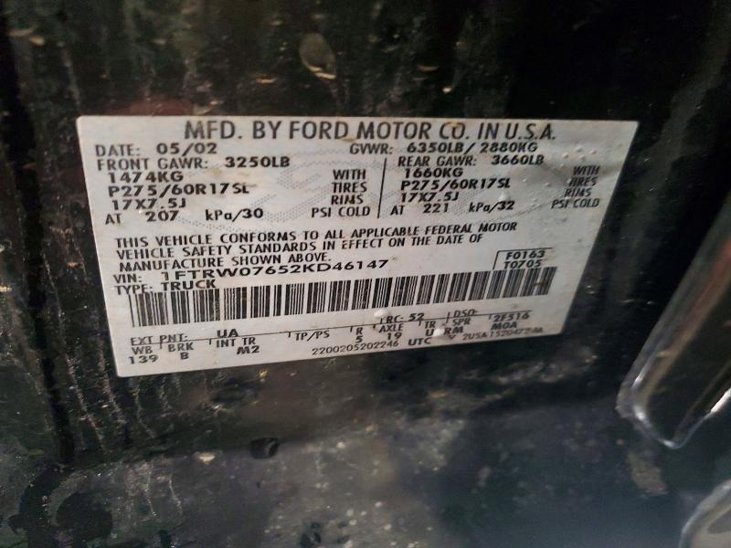 75907285 :رقم المزاد ، 1FTRW07652KD46147 vin ، 2002 Ford F150 مزاد بيع