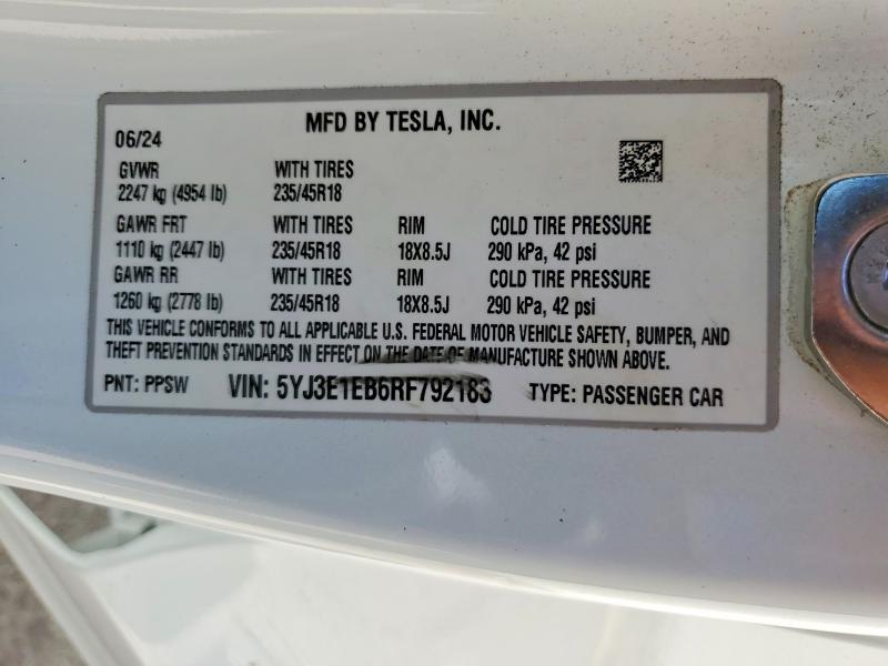 Продаж на аукціоні авто 2024 Tesla Model 3, vin: 5YJ3E1EB6RF792183, номер лоту: 47780806