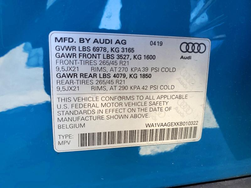 Продажа на аукционе авто 2019 Audi E-tron, vin: WA1VAAGEXKB010322, номер лота: 79940285