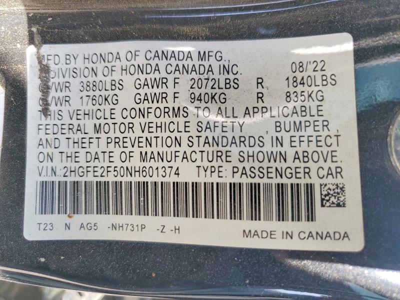 2022 Honda Civic მანქანა იყიდება აუქციონზე, vin: 2HGFE2F50NH601374, აუქციონის ნომერი: 46884246