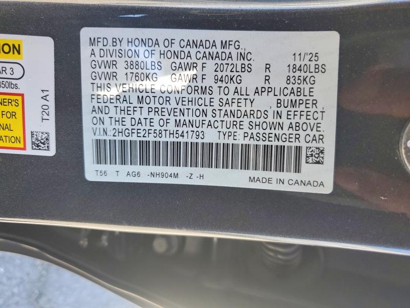 46427046 :رقم المزاد ، 2HGFE2F58TH541793 vin ، 2026 Honda Civic مزاد بيع