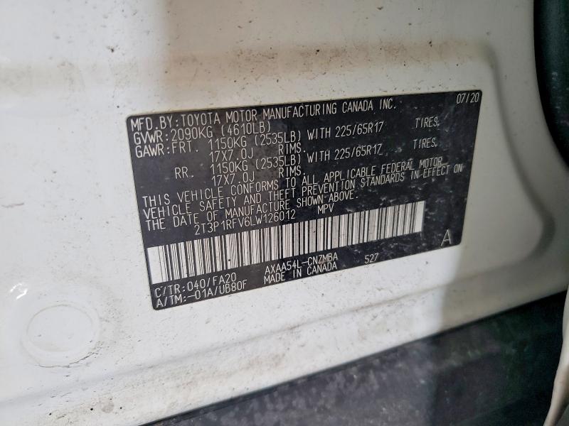 48233036 :رقم المزاد ، 2T3P1RFV6LW126012 vin ، 2020 Toyota Rav4 مزاد بيع