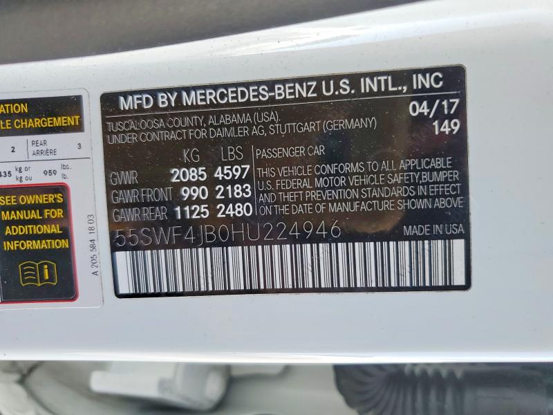 46401496 :رقم المزاد ، 55SWF4JB0HU224946 vin ، 2017 Mercedes-benz C مزاد بيع