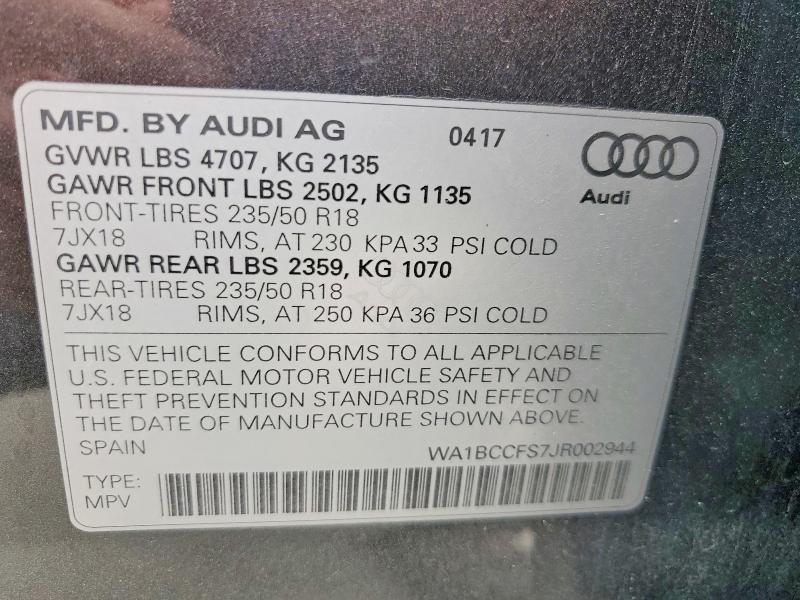 Продаж на аукціоні авто 2018 Audi Q3, vin: WA1BCCFS7JR002944, номер лоту: 47748016