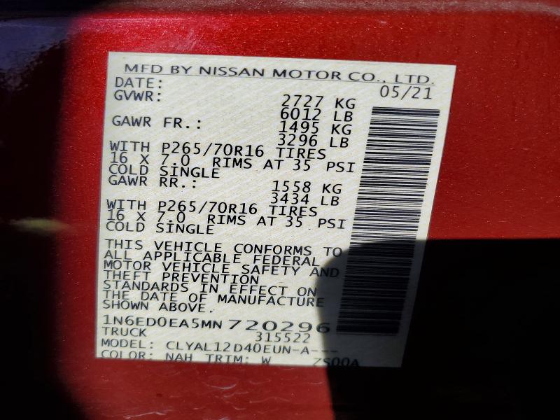 2021 Nissan Frontier მანქანა იყიდება აუქციონზე, vin: 1N6ED0EA5MN720296, აუქციონის ნომერი: 78871715