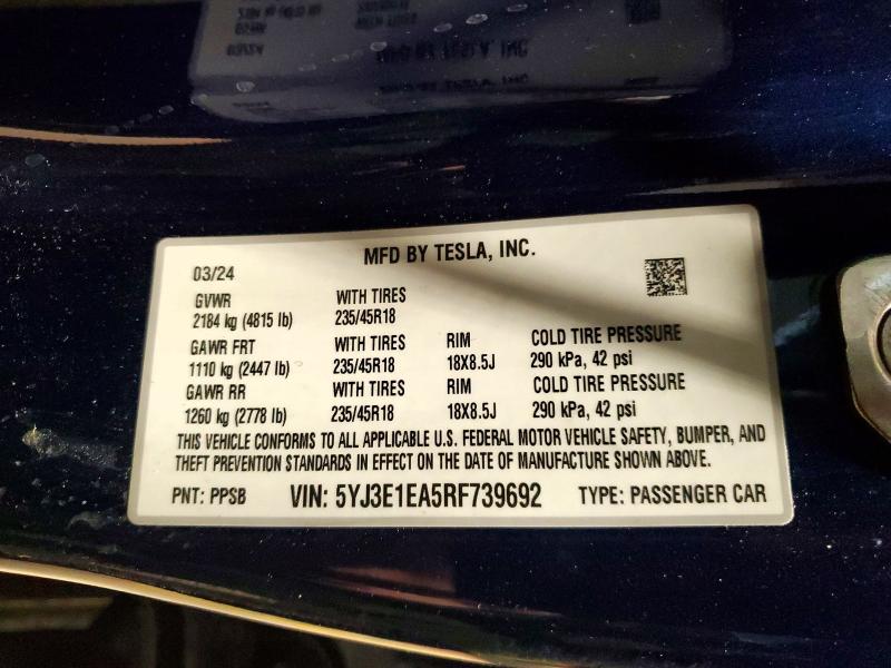 46631216 :رقم المزاد ، 5YJ3E1EA5RF739692 vin ، 2024 Tesla Model 3 مزاد بيع