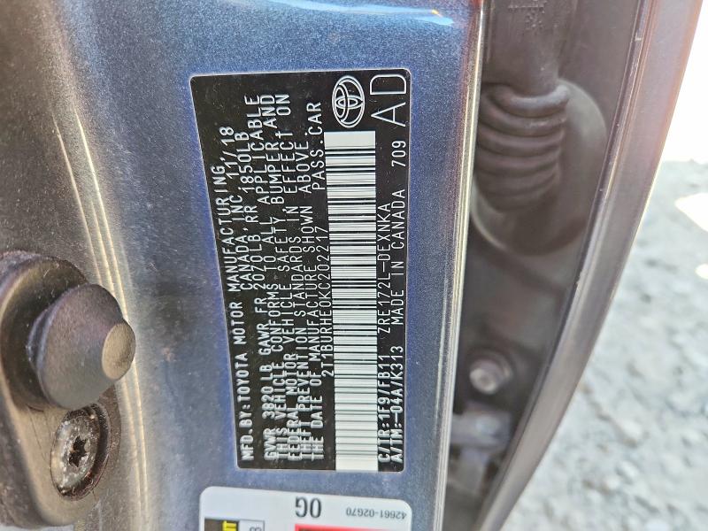 46489176 :رقم المزاد ، 2T1BURHE0KC202217 vin ، 2019 Toyota Corolla مزاد بيع