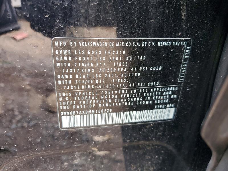 2022 Volkswagen Tiguan მანქანა იყიდება აუქციონზე, vin: 3VV0B7AX9NM166229, აუქციონის ნომერი: 47008226
