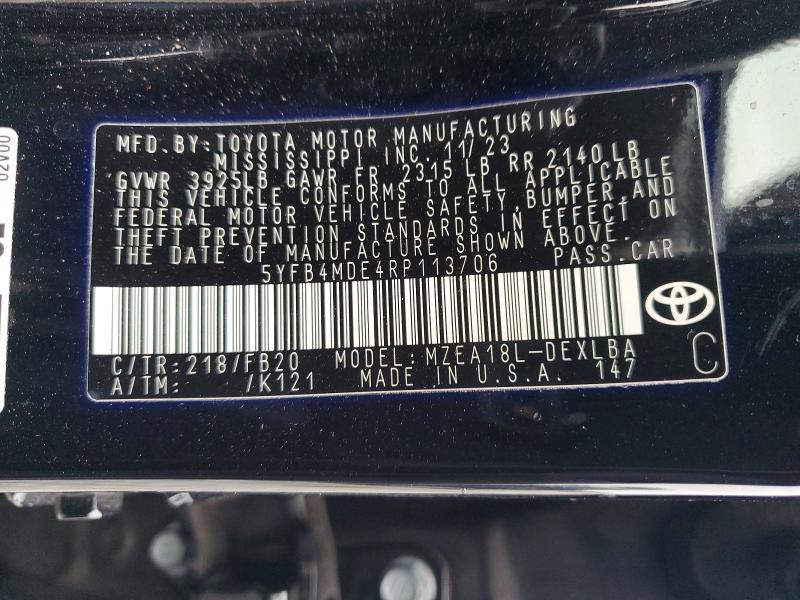Aukcja sprzedaży 2024 Toyota Corolla, vin: 5YFB4MDE4RP113706, numer aukcji: 46486916