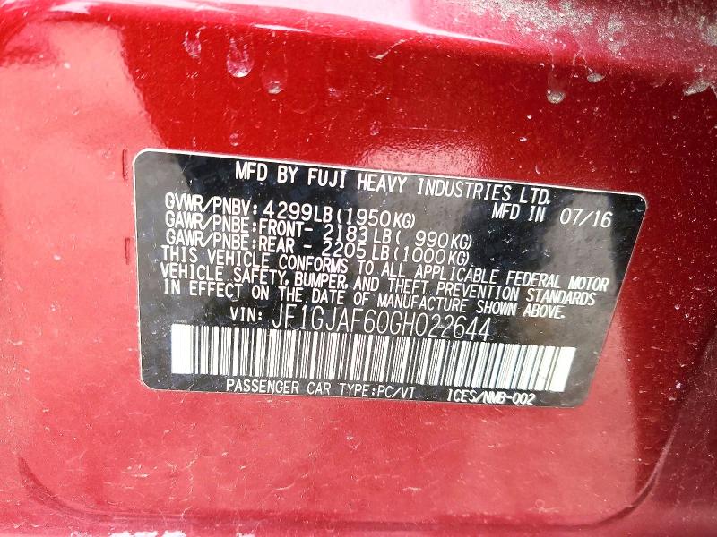 46497826 :رقم المزاد ، JF1GJAF60GH022644 vin ، 2016 Subaru Impreza مزاد بيع