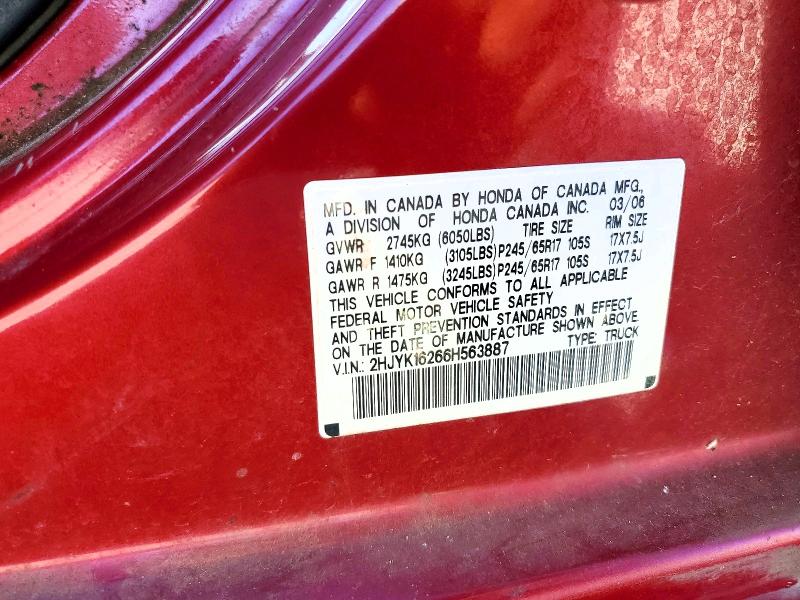 42004366 :رقم المزاد ، 2HJYK16266H563887 vin ، 2006 Honda Ridgeline مزاد بيع