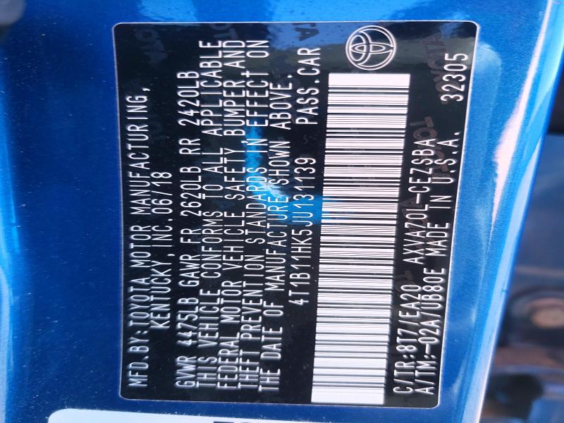 2018 Toyota Camry მანქანა იყიდება აუქციონზე, vin: 4T1B11HK5JU131139, აუქციონის ნომერი: 41626346
