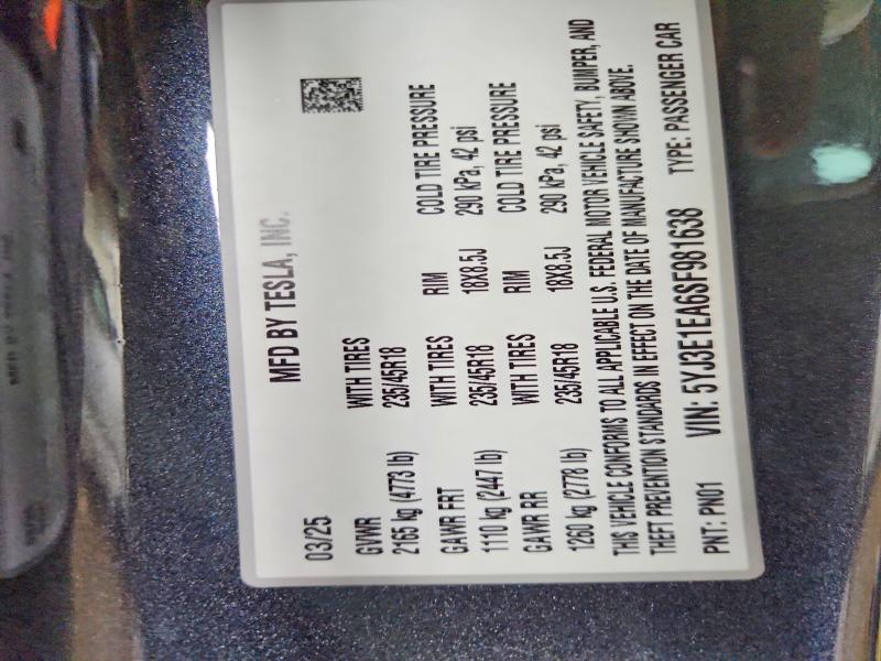 Aukcja sprzedaży 2025 Tesla Model 3, vin: 5YJ3E1EA6SF981638, numer aukcji: 79638375