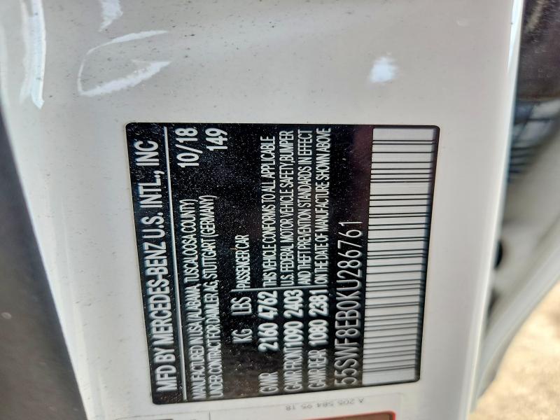 45687476 :رقم المزاد ، 55SWF8EB0KU286761 vin ، 2019 Mercedes-benz C مزاد بيع