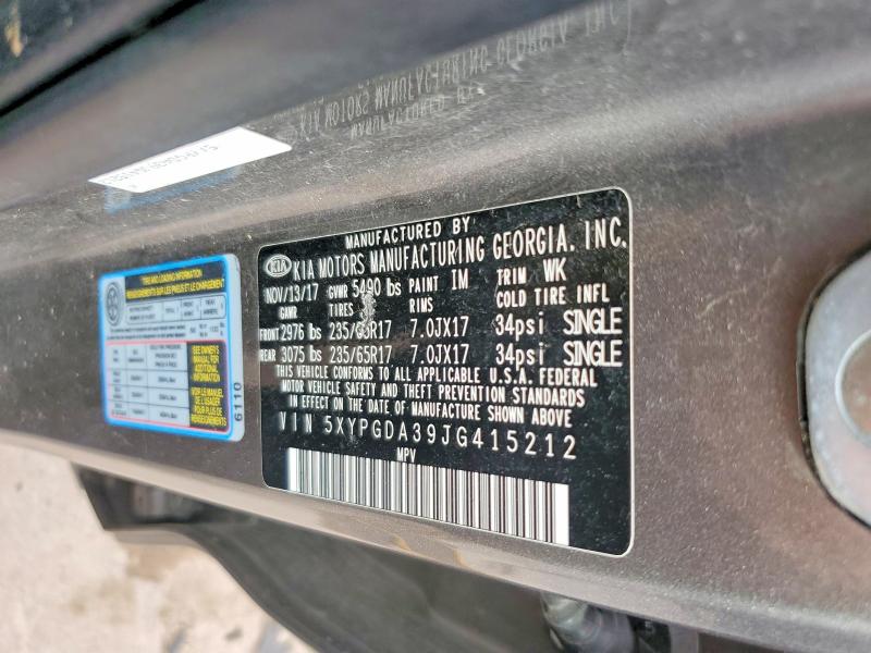 46811966 :رقم المزاد ، 5XYPGDA39JG415212 vin ، 2018 Kia Sorento مزاد بيع