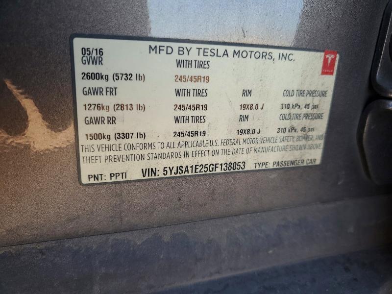 2016 Tesla Model S მანქანა იყიდება აუქციონზე, vin: 5YJSA1E25GF138053, აუქციონის ნომერი: 47825746