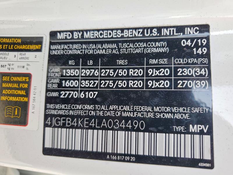 Aukcja sprzedaży 2020 Mercedes-benz Gle, vin: 4JGFB4KE4LA034490, numer aukcji: 42042616