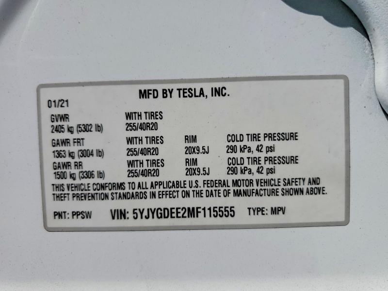 47134776 :رقم المزاد ، 5YJYGDEE2MF115555 vin ، 2021 Tesla Model Y مزاد بيع