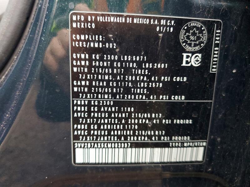 Aukcja sprzedaży 2019 Volkswagen Tiguan, vin: 3VV2B7AX5KM083997, numer aukcji: 77246735