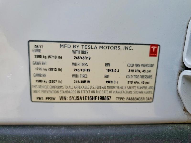 2017 Tesla Model S მანქანა იყიდება აუქციონზე, vin: 5YJSA1E16HF198867, აუქციონის ნომერი: 46840406