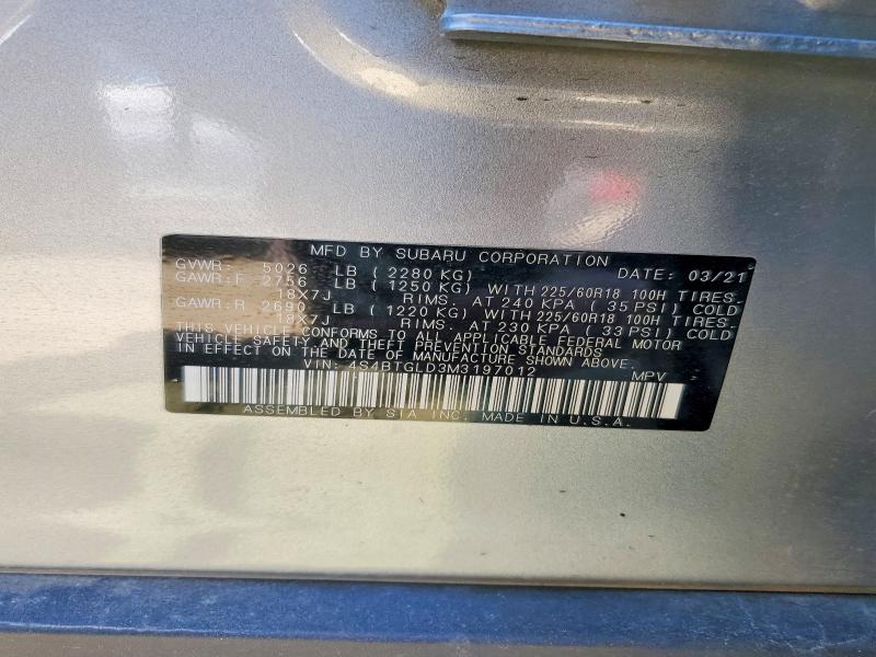 46731766 :رقم المزاد ، 4S4BTGLD3M3197012 vin ، 2021 Subaru Outback مزاد بيع