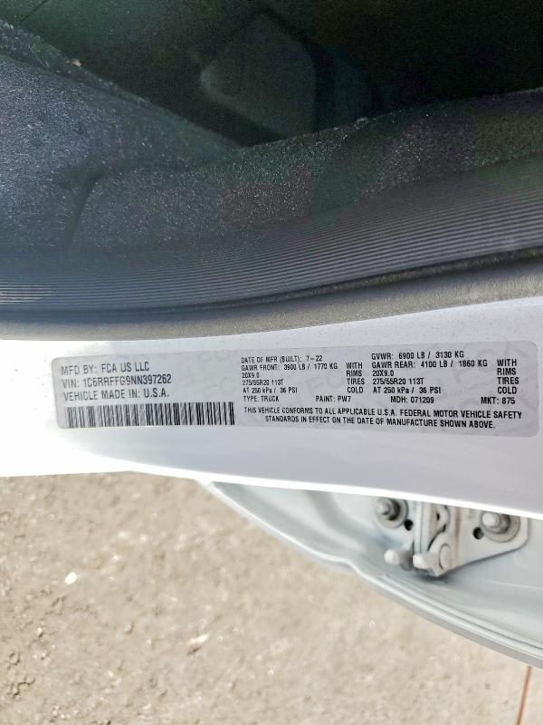 2022 Ram 1500 მანქანა იყიდება აუქციონზე, vin: 1C6RRFFG9NN397262, აუქციონის ნომერი: 77004825