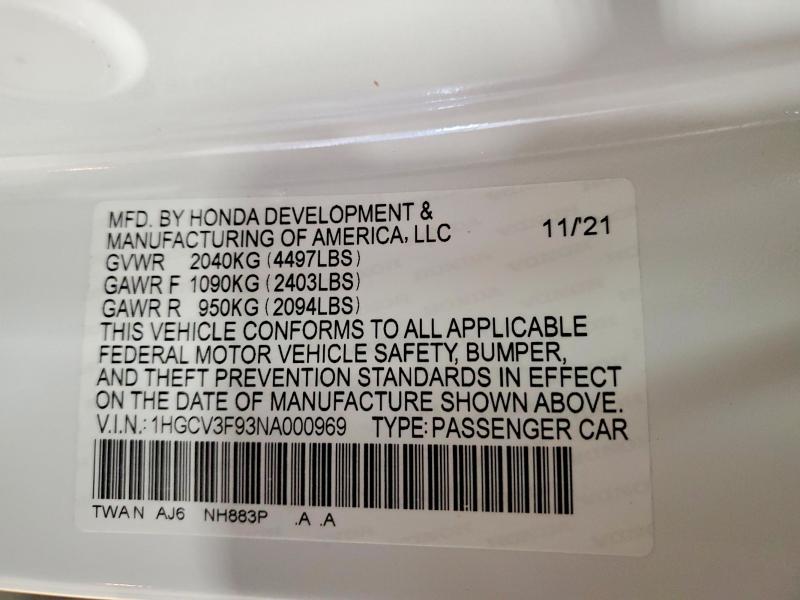 2022 Honda Accord მანქანა იყიდება აუქციონზე, vin: 1HGCV3F93NA000969, აუქციონის ნომერი: 46472246