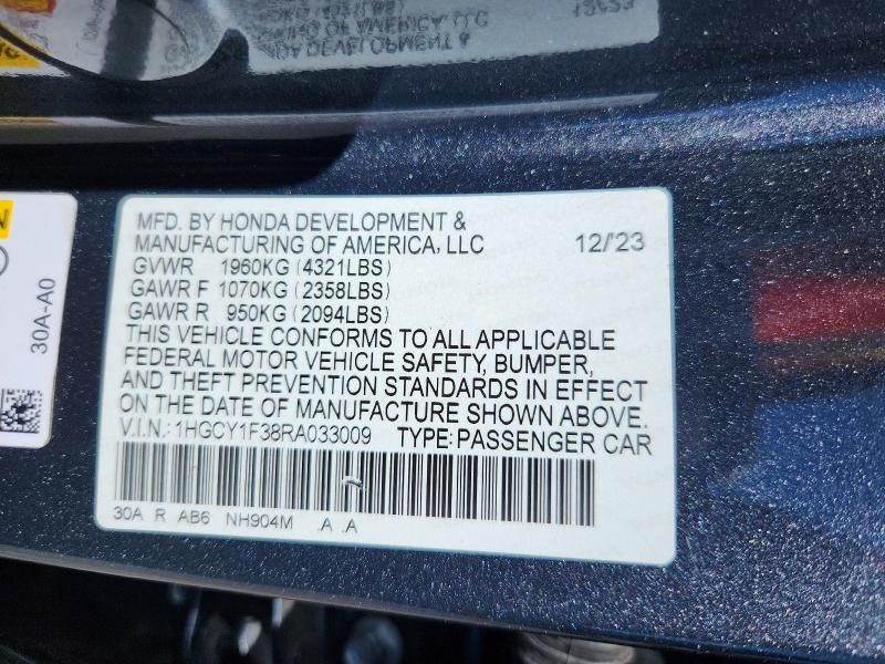 2024 Honda Accord მანქანა იყიდება აუქციონზე, vin: 1HGCY1F38RA033009, აუქციონის ნომერი: 46000756